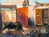 a painting of a man standing on top of a building next to a cow