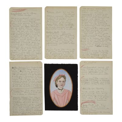 four pieces of old paper with handwriting and a portrait of a woman