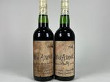 two bottles of wine sitting next to each other on a table