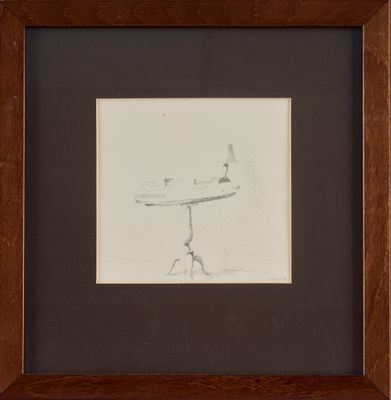 drawing of a table with a bird sitting on top of it