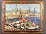 tableau représentant des bateaux dans un port, avec une ville en arrière-plan