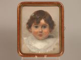 portrait of a young girl in a white dress in a gold frame