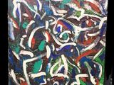 peinture représentant un fond noir avec de la peinture blanche, rouge, verte, bleue et noire