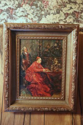 a painting of a woman in a red dress sitting in a chair