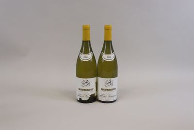 deux bouteilles de vin blanc posées l'une à côté de l'autre sur une surface blanche