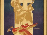 affiche française représentant une femme tenant une croix et un homme tenant un marteau