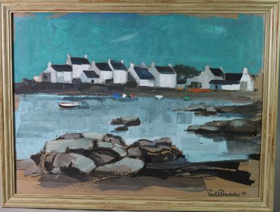 une peinture représentant un bateau sur l'eau, près du rivage