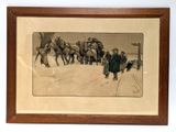 tableau représentant un groupe de personnes sur une route enneigée, avec une calèche tirée par un cheval