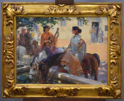 a painting of a woman riding a horse next to a group of people
