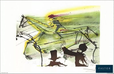 un dessin représentant un homme à cheval dans un champ