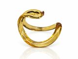 a close up of a gold snake ring on a white background