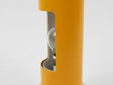 an orange table lamp with a metal base on a white surface