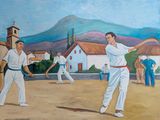 tableau représentant un groupe d'hommes jouant au cricket