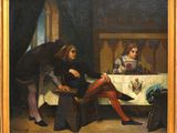 tableau représentant un homme et une femme assis à une table en compagnie d'un chien