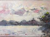 an oil painting of a painting of a river with a sky background