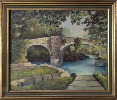 une peinture à l'huile représentant un pont enjambant une rivière dans une région boisée