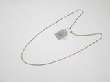 une photo d'un collier muni d'une étiquette, posé sur une surface blanche