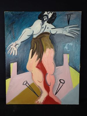 une peinture à l'huile représentant un homme debout sur le dos d'une femme
