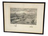 tableau encadré représentant une vue de ville avec des bateaux sur l'eau