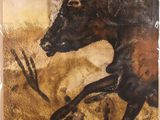 painting of a bull running in a field with a sky in the background