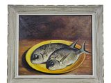 an oil painting of two fish on a yellow plate on a table