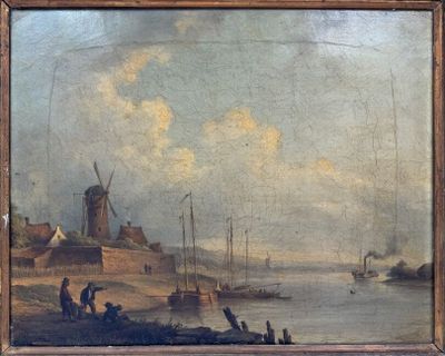 peinture représentant un paysage avec un moulin à vent et des bateaux sur l'eau