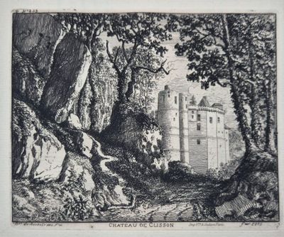 a black and white drawing of a castle in the woods