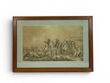 an old drawing of a group of men on horseback in a field
