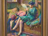 an oil painting of a woman sitting on a couch reading a book