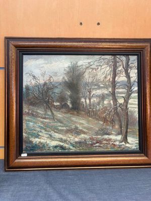 peinture à l'huile encadrée représentant une scène hivernale avec un cerf dans un paysage boisé