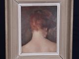 an oil painting of a woman ' s back in front of a easel