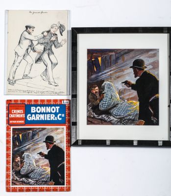 three books on a shelf with a drawing of a man on a horse