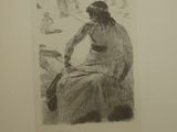 drawing of a woman sitting on a bench with a bird in her hand