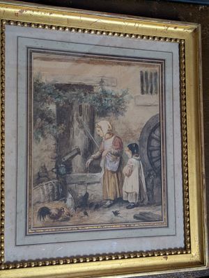 painting of a woman and a child in front of a horse drawn carriage