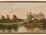 une image représentant un tableau représentant une scène de vie à la ferme avec un étang