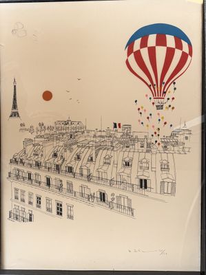 painting of a hot air balloon flying over a city with a red, white and blue balloon in the sky