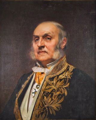 un vieux tableau représentant un homme en costume-cravate