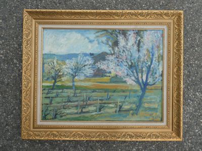 une peinture à l'huile représentant un champ avec des arbres et une clôture