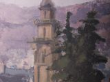 a painting of a view of a town from the top of a hill