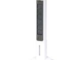 a white tower fan sitting on top of a white stand