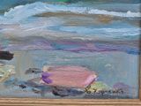 a painting of a pink shell on the beach by the water