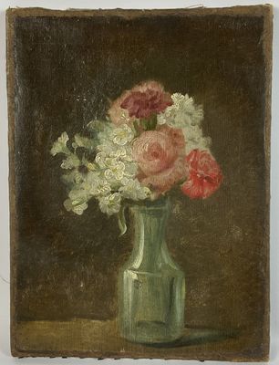 a painting of flowers in a green vase on a table