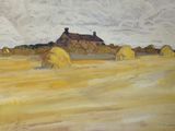 painting of hay bales in a field with a house in the background