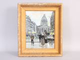 an oil painting of people walking in the rain on a city street