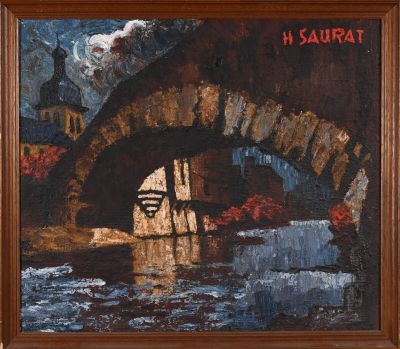 une peinture à l'huile représentant un pont sur une rivière avec un bâtiment à l'arrière-plan
