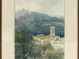 aquarelle encadrée représentant un village de montagne avec une tour horloge