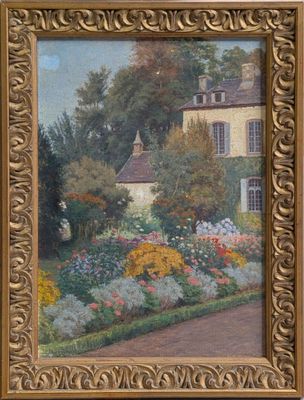 an oil painting of a garden with flowers and a house in the background