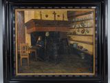 painting of a man in a kitchen with a fireplace in the background