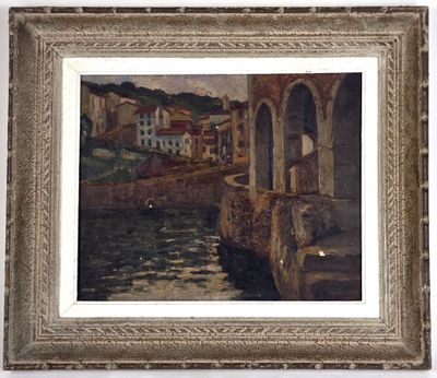 an image of a picture of a painting of a town by the water