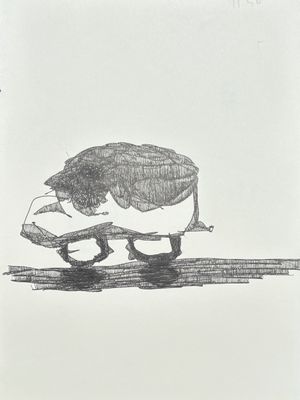 pencil drawing of a person sitting on a bench with a dog
